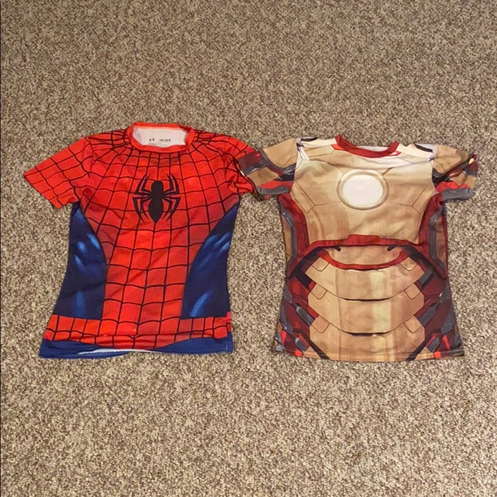 Two boys Under Armour superhero shirts
